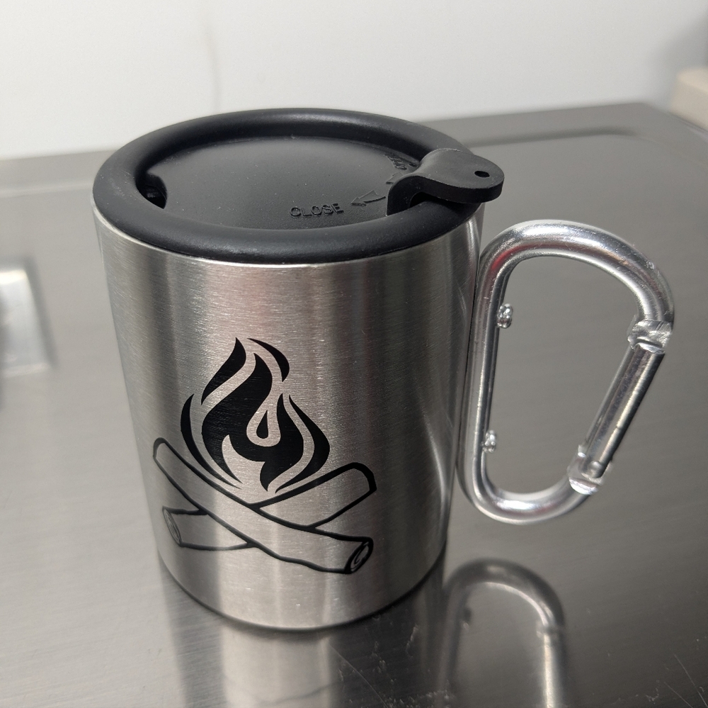 NWT in Box Carabiner Stainless Steel Camping Mug - w/Black Lid 10oz